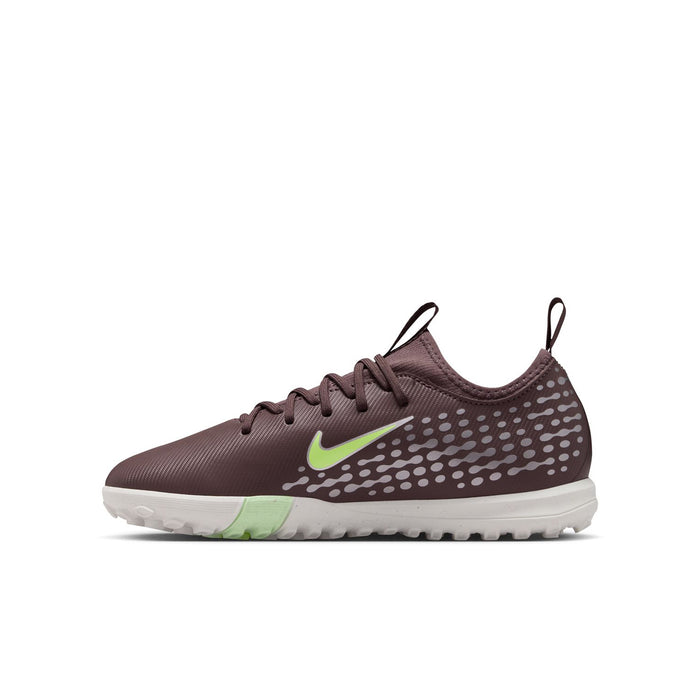 Youth plum Nike-style soccer cleat with green swoosh, dotted pattern, and white sole