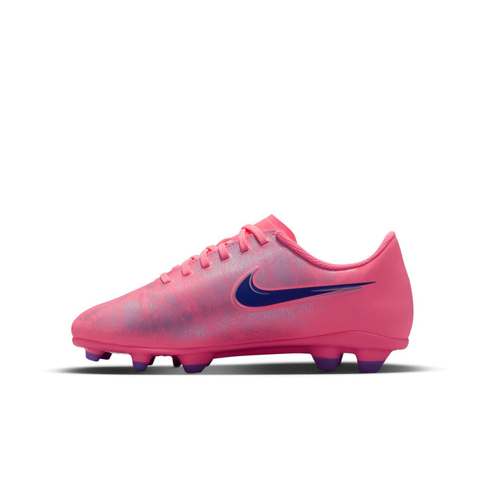 Youth pink soccer cleat profile with dark navy swoosh and purple ground studs