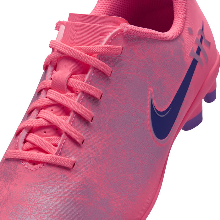 Youth pink soccer cleat upper with textured finish and dark navy swoosh
