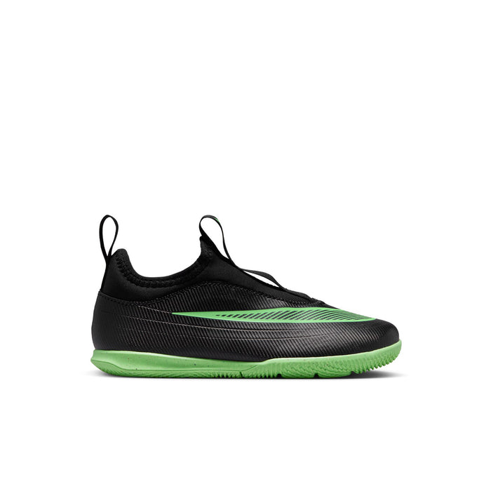 Kids Mercurial Vapor club cleat, black with neon green accents and lace-up collar
