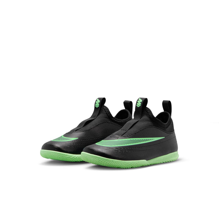 Kids black Mercurial Vapor club cleat, side view with neon green stripes