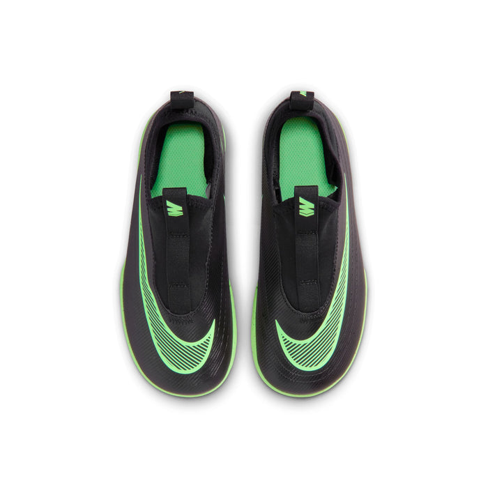Kids black Mercurial Vapor club cleat, front view with neon green Nike swoosh
