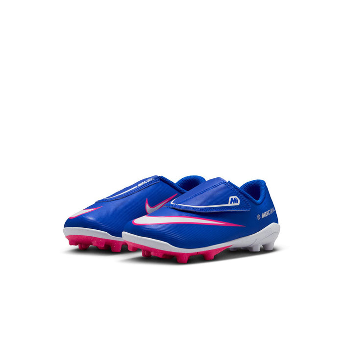 Kids blue soccer cleat with pink stripe detail, white heel, and studded sole