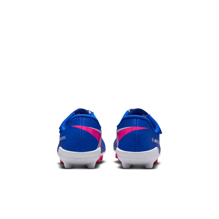 Kids blue soccer cleats from back view with pink stripes and white heel counter