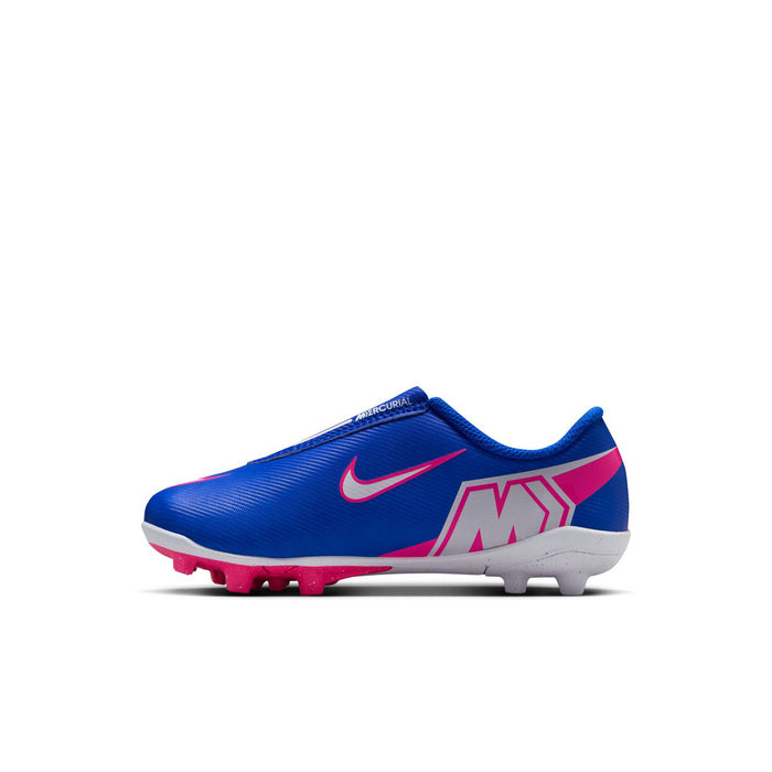 Kids blue soccer cleat with pink and white graphic, slip-on collar, and studs