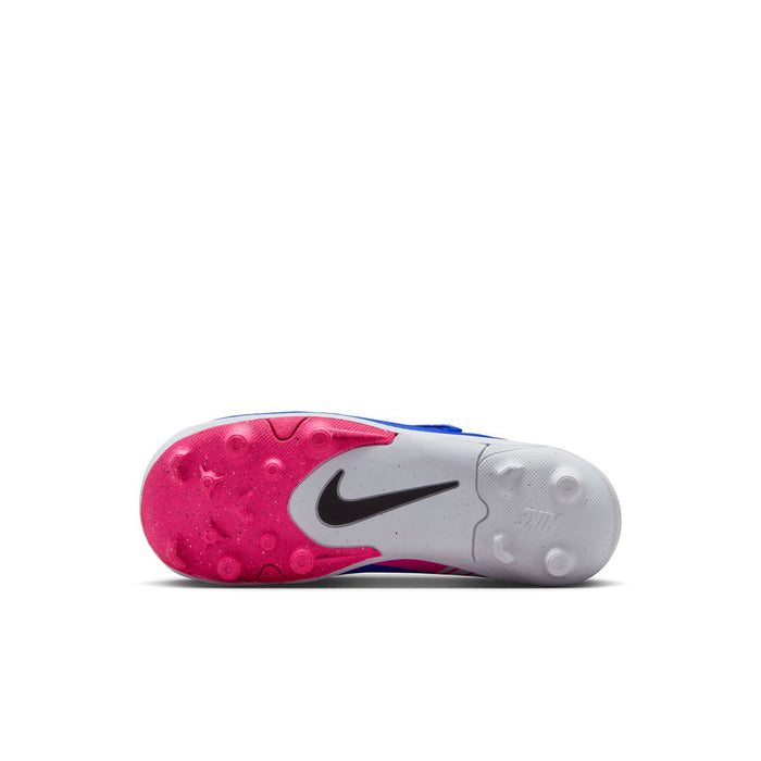 Kids soccer cleat outsole view: blue upper with pink studs and white sole