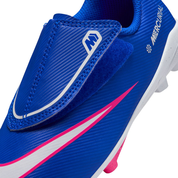 Kids blue soccer cleat close-up with white stripe, pink swoosh, and M emblem
