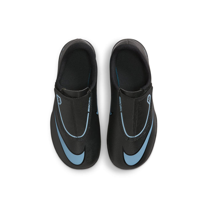Pair of kids soccer cleat shoes, black uppers with blue swoosh accents, front view