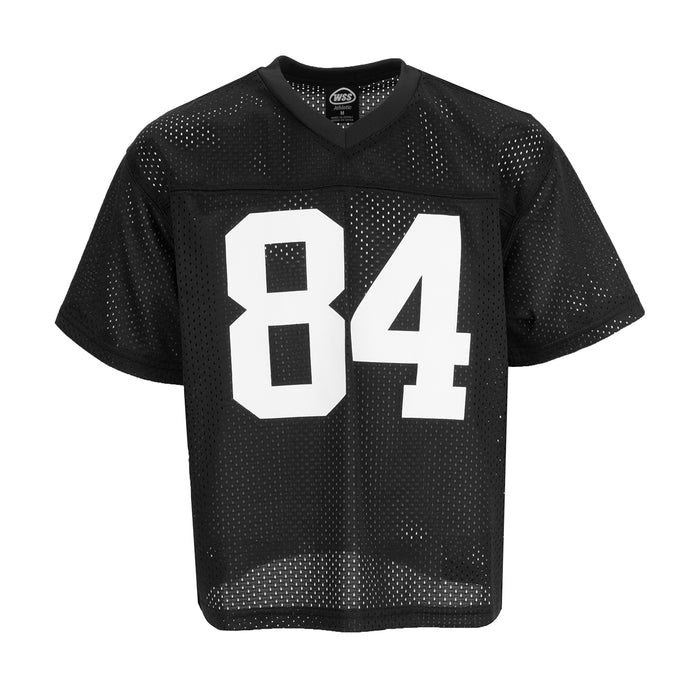 Youth black mesh football jersey, V-neck, short sleeves, number 84 front print