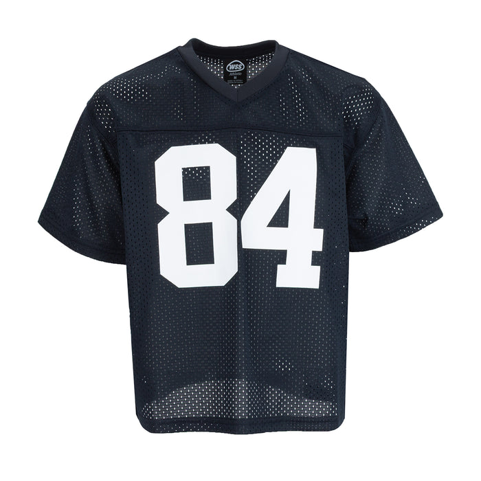 Youth navy mesh football jersey with white 84 front, V-neck, short sleeves
