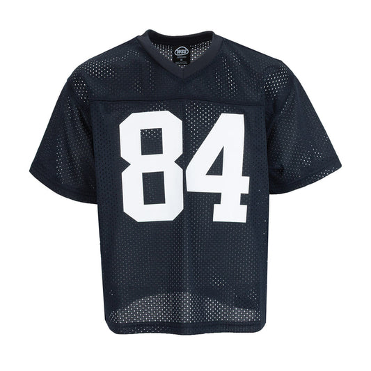 Youth navy mesh football jersey with white 84 front, V-neck, short sleeves