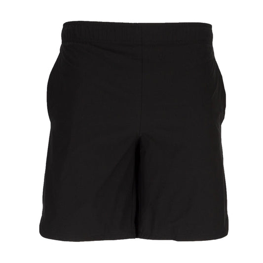 Black woven men's shorts with elastic waistband, above-knee.