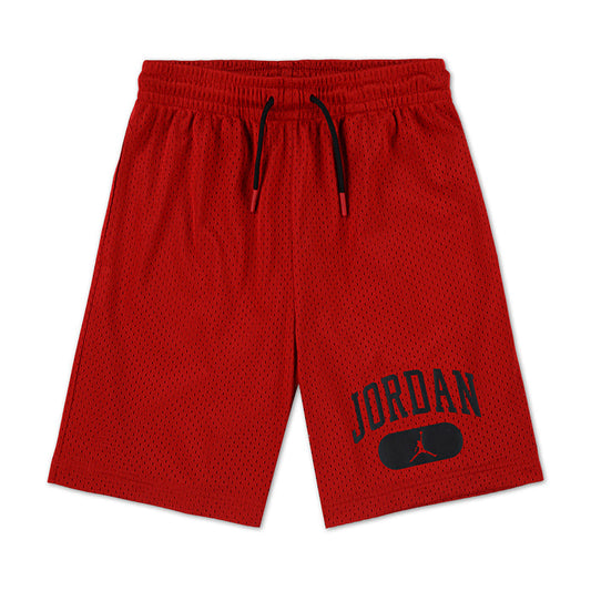 Youth Gym Red mesh athletic shorts with black drawstring and Jordan logo