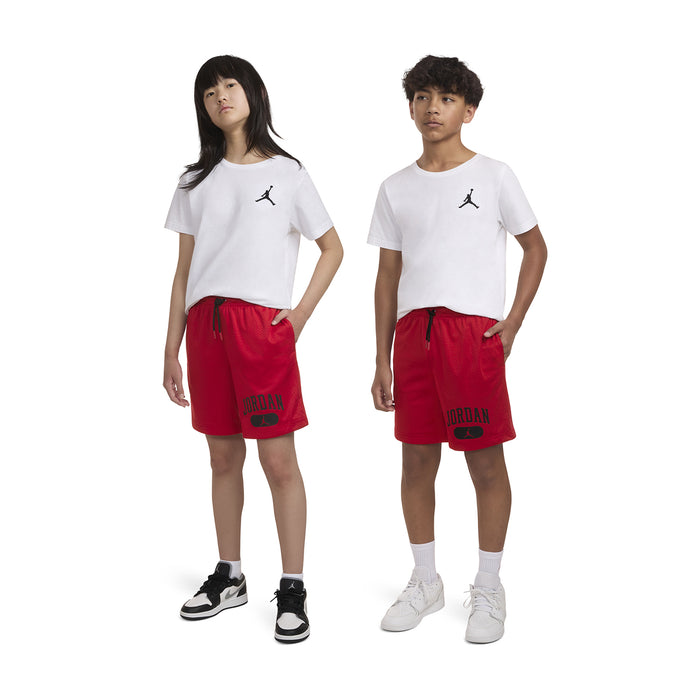 Youth Gym Red mesh shorts on kids, black drawstring waist and Jordan graphic