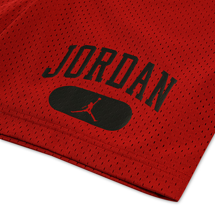 Gym Red mesh shorts with large black Jordan lettering and Jumpman icon