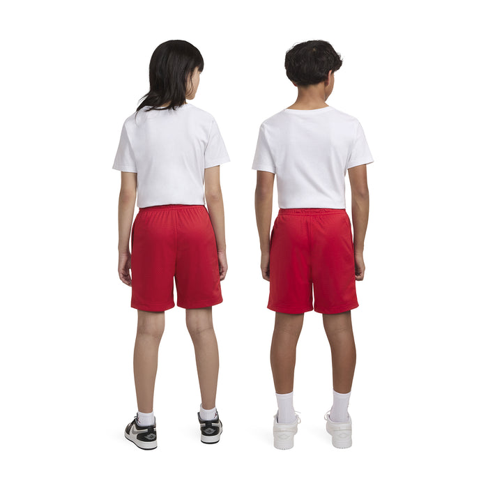 Back view of youth Gym Red mesh shorts with hem branding