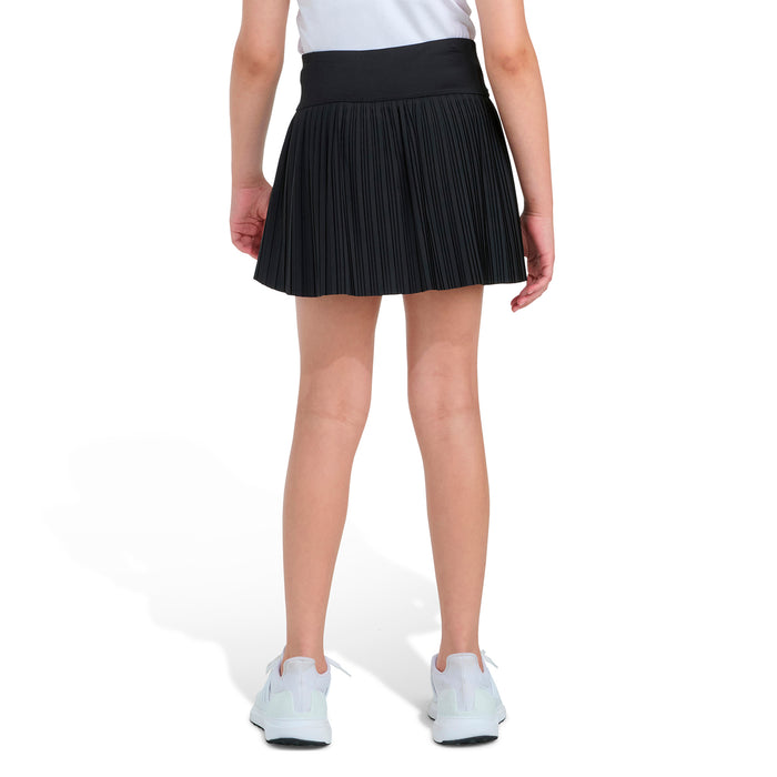 Youth black pleated skort with built-in shorts, rear view