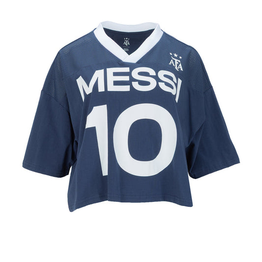 Women's mesh soccer jersey, V-neck white trim, front number 10 and team crest