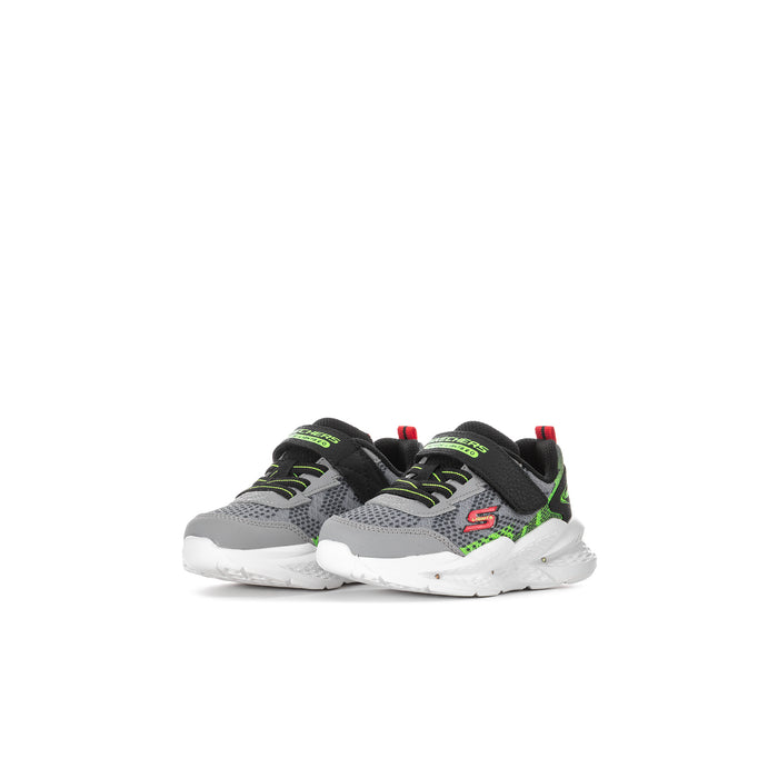 Toddler light-up sneakers, black with grey panels and neon green details