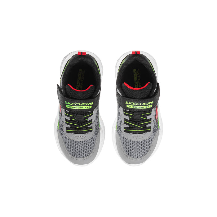 Toddler sneakers, grey mesh uppers with black lining and neon green trim