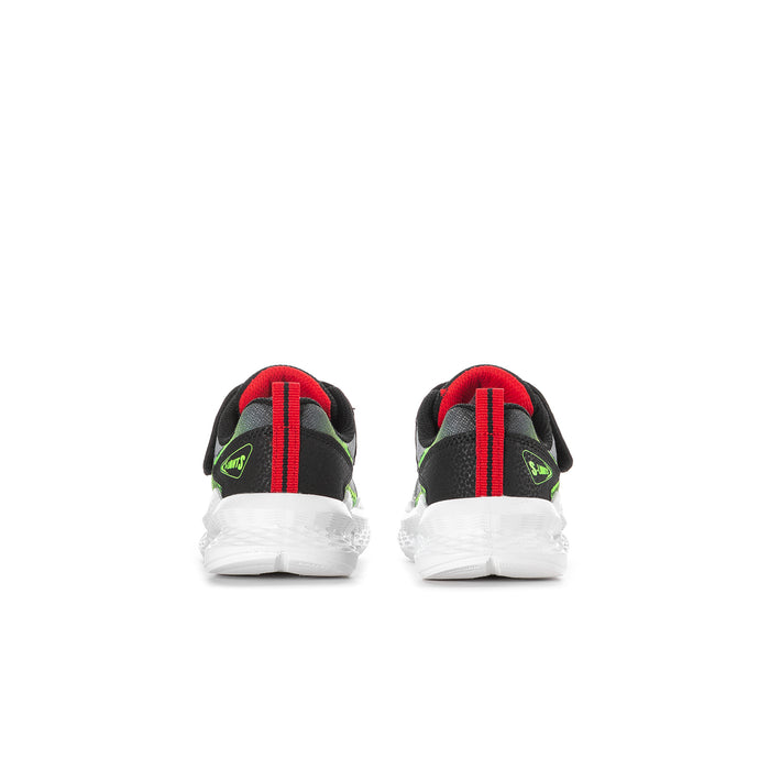 Toddler sneakers, black heel with red pull tab and neon green logo