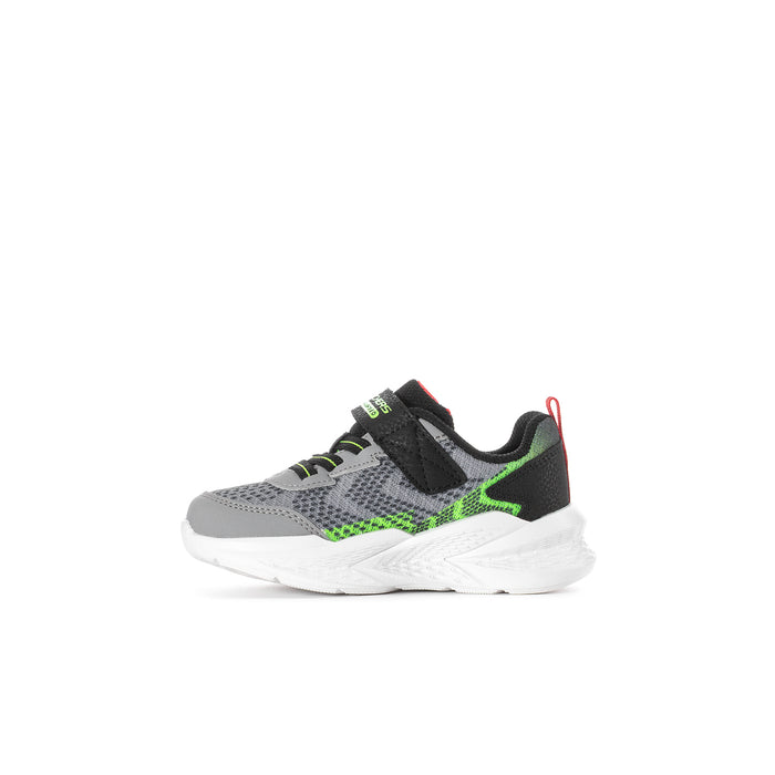 Toddler light-up sneakers, grey upper with neon green stripe and red lace loop