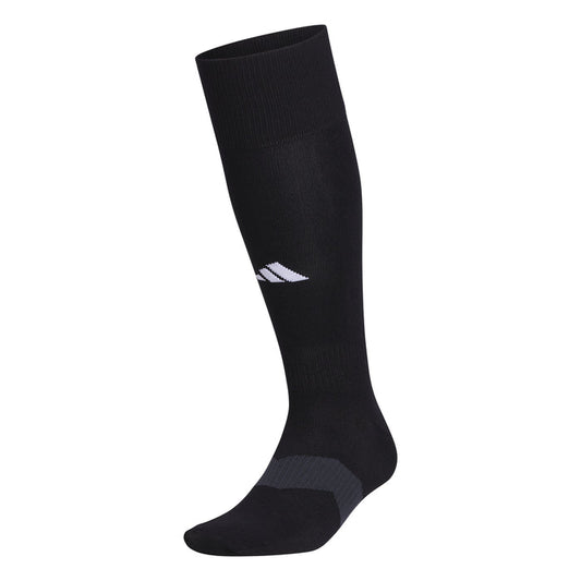 Black over-the-calf compression sock with geometric logo at calf