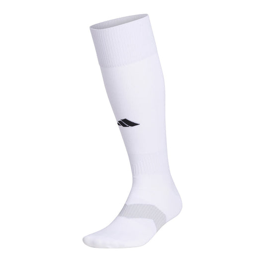 White crew socks with black and gray logo on the calf