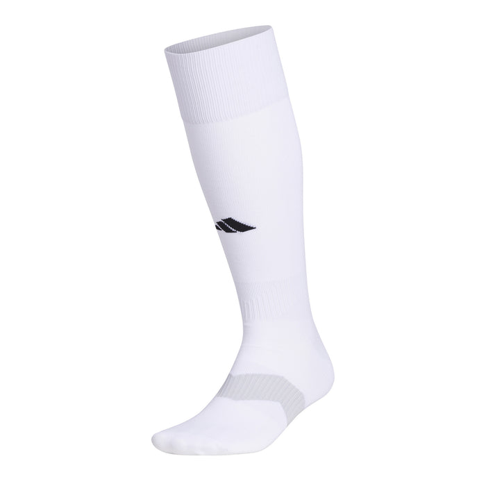 White crew socks with black logo on the side