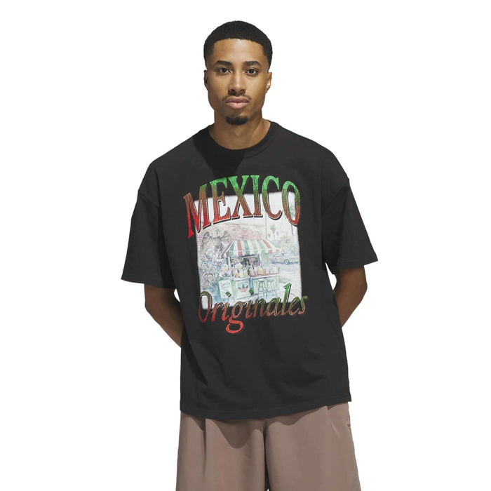 Men's black T-shirt with front 'MEXICO Originals' graphic on model