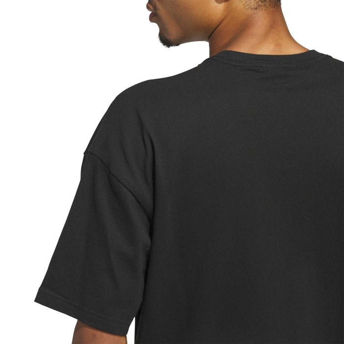 Men's black T-shirt back close-up with short sleeves and crew neck