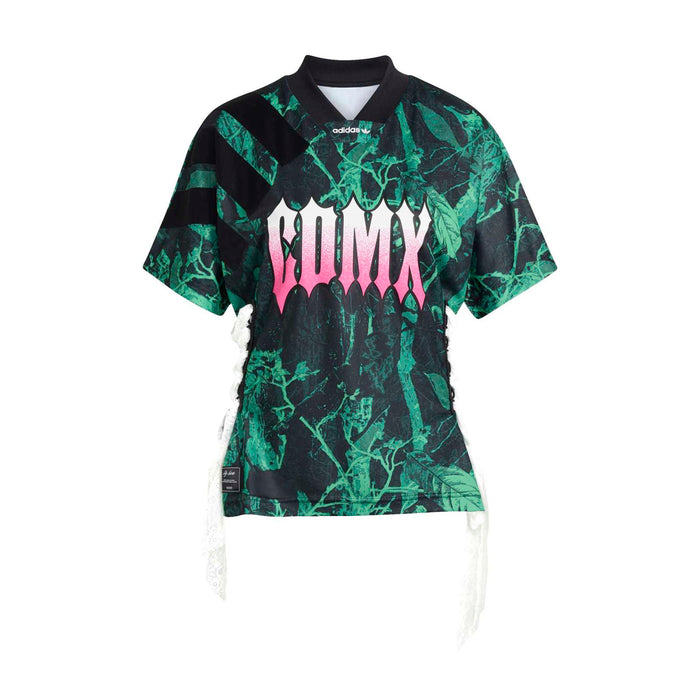 Women's jersey with black-and-green graphic print and pink lettering, short sleeves