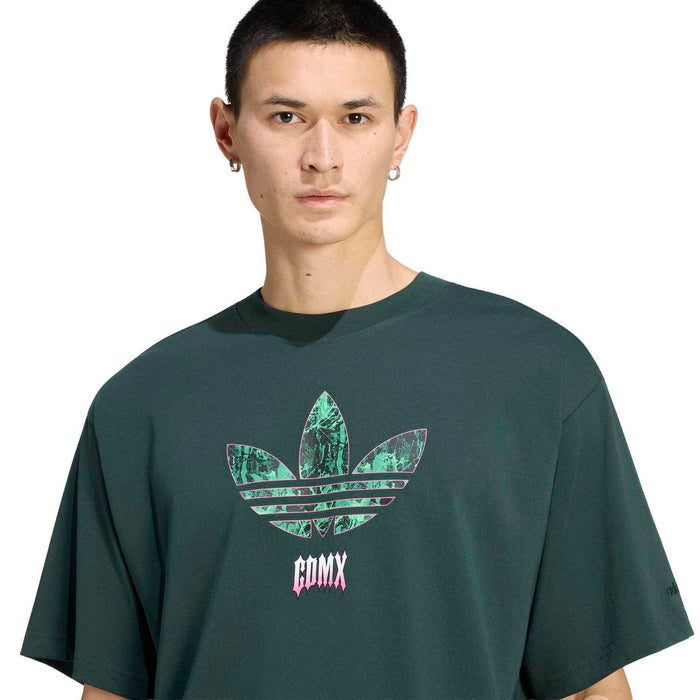 Men's dark green T-shirt with large trefoil-style front graphic and pink logo