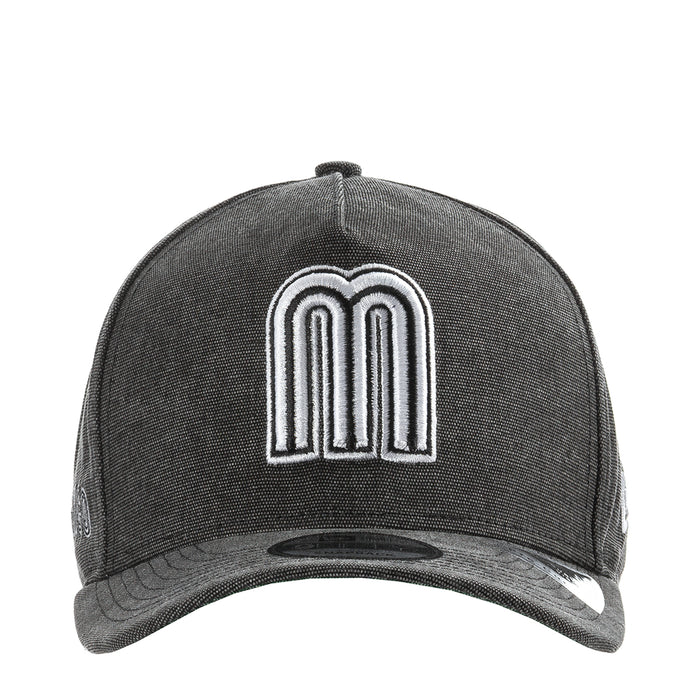 Washed black denim baseball cap with white Mexico 'M' logo on front