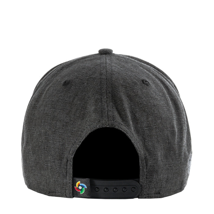 Washed black denim baseball cap back with ventilation eyelets and snapback strap