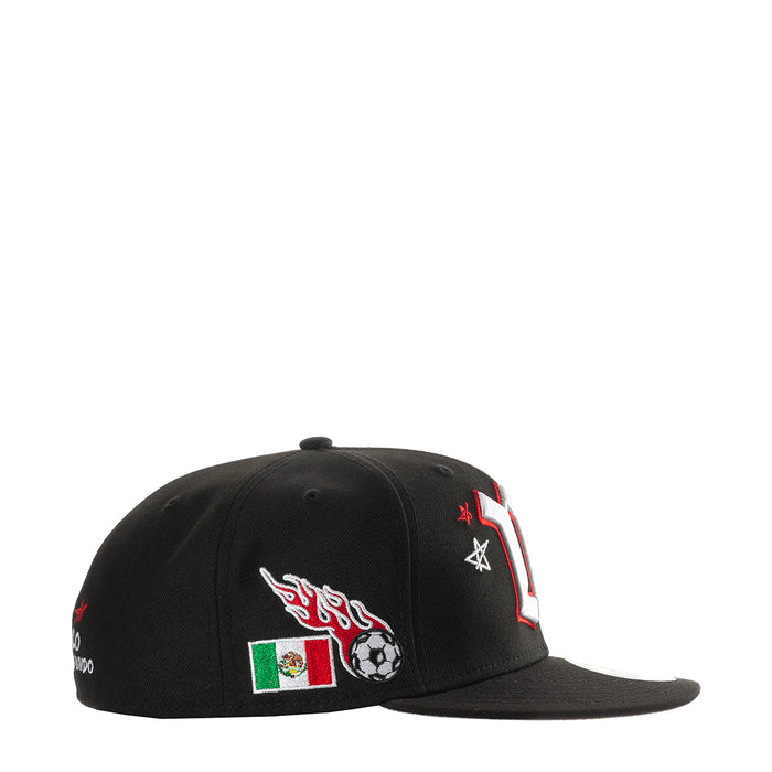 Black baseball cap with Mexico flag and flaming soccer ball front patch
