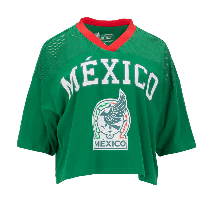 Green womens mesh jersey with red V-neck trim and Mexico crest graphic
