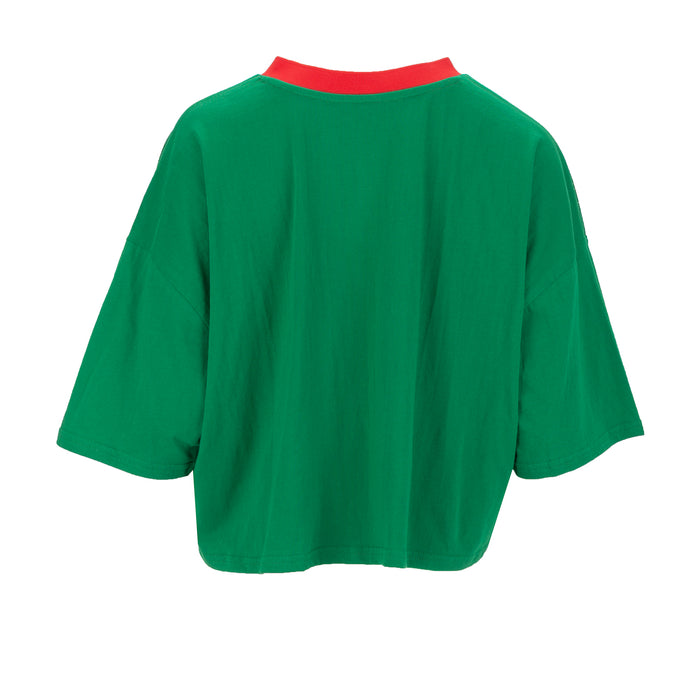 Green womens mesh jersey with red collar trim, back view