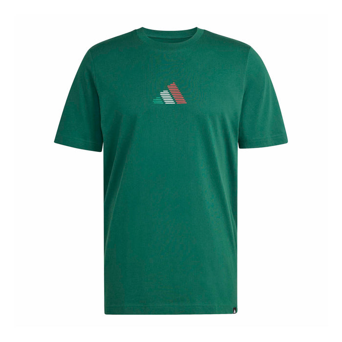 Green mens crewneck T-shirt with small chest graphic emblem