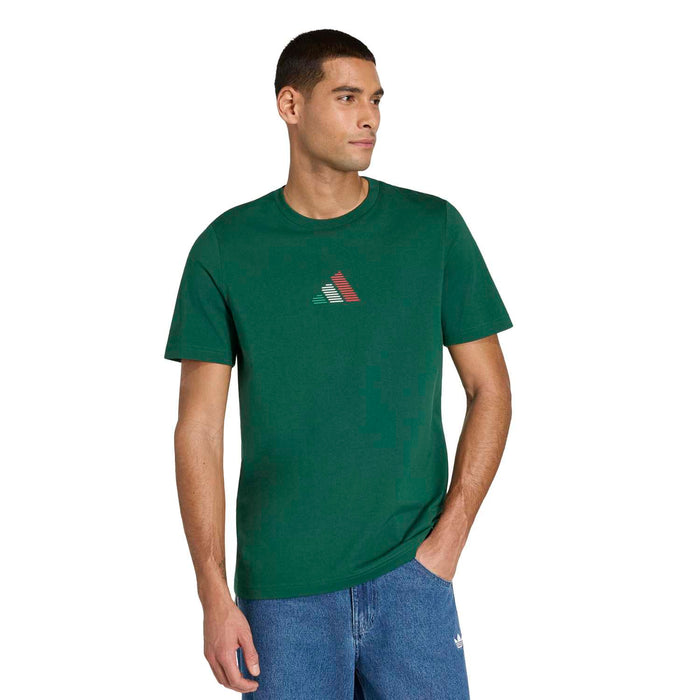 Green mens crewneck T-shirt with small chest graphic emblem, side view