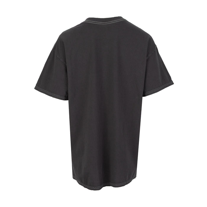 Unisex black washed T-shirt, plain back with crew neck