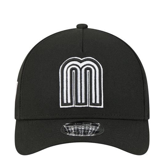 Black baseball cap with white arch logo front and small oval brand patch