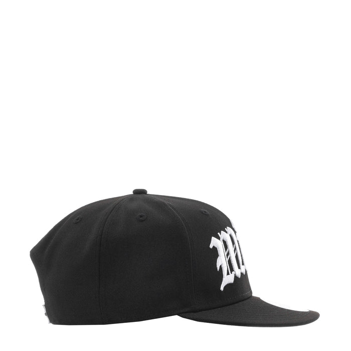 Black baseball cap with white side lettering graphic