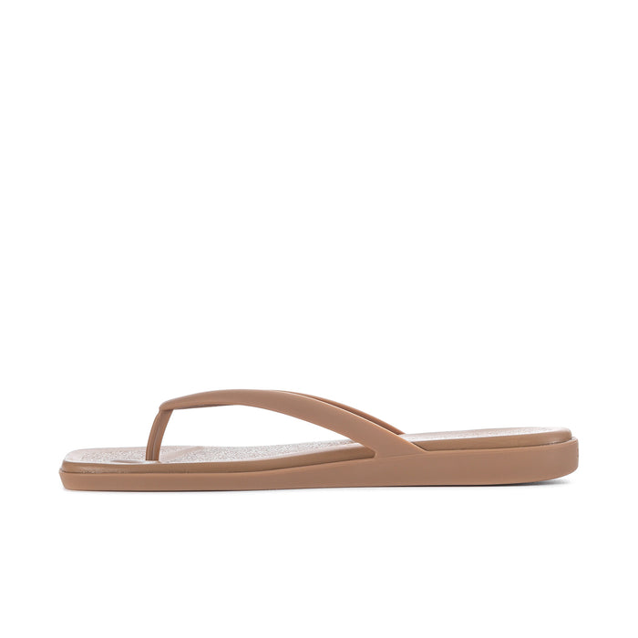 Milk chocolate thong flip-flop sandals, single V-strap, cushioned footbed