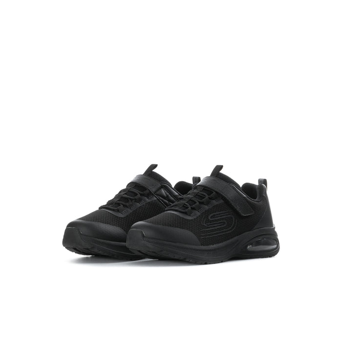 Kids' black lace-up sneakers, side view with textured logo and chunky midsole