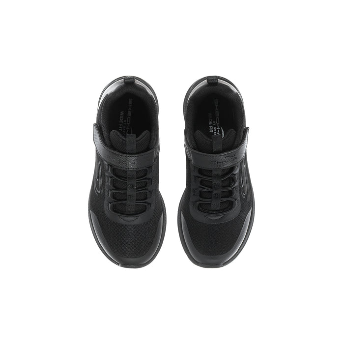 Kids' black sneakers top view with lace pattern and cushioned tongue