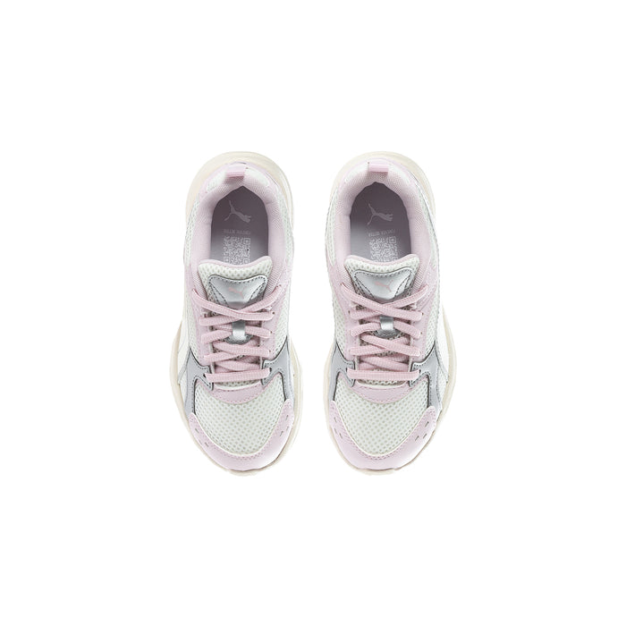 Kids' light pink sneakers pair with padded collars and lavender lace-up detailing