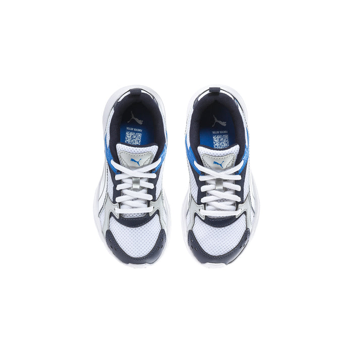Kids lace-up sneakers with white laces and blue logo detail on inner lining