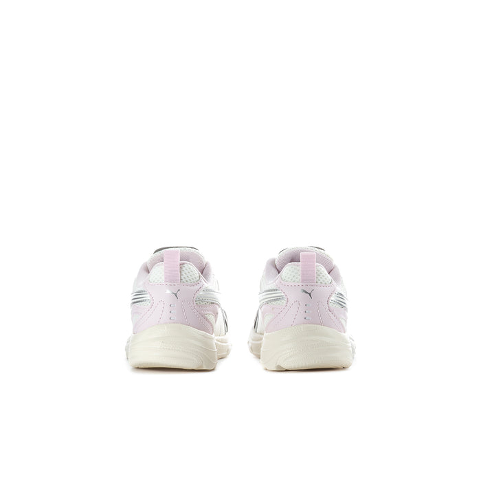 Kids' light pink sneakers with heel tabs and off-white chunky sole, rear view