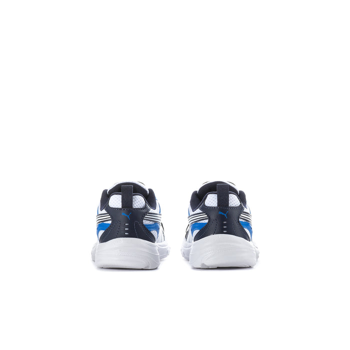 Kids sneakers heel view with navy and blue side stripes on a white sole
